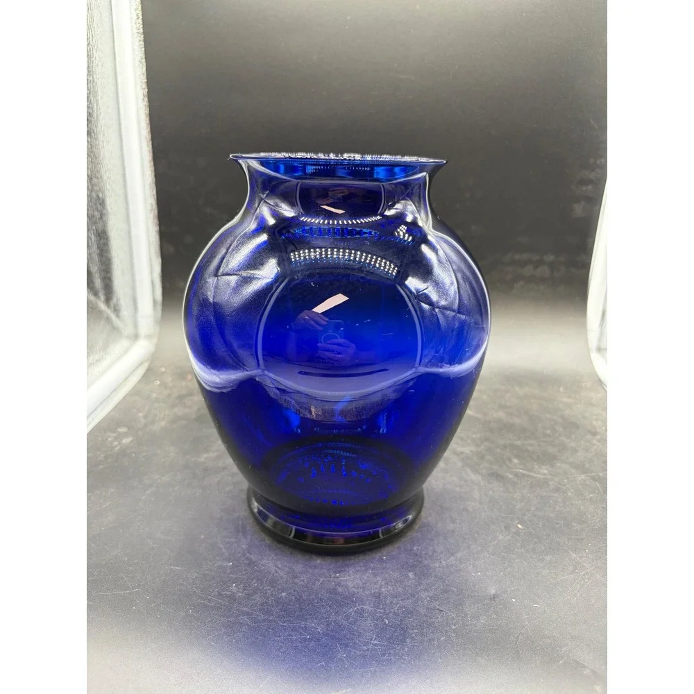 Vintage Cobalt Blue Glass Bulbous Vase Flared Rim Pedestal Base 7 Inch